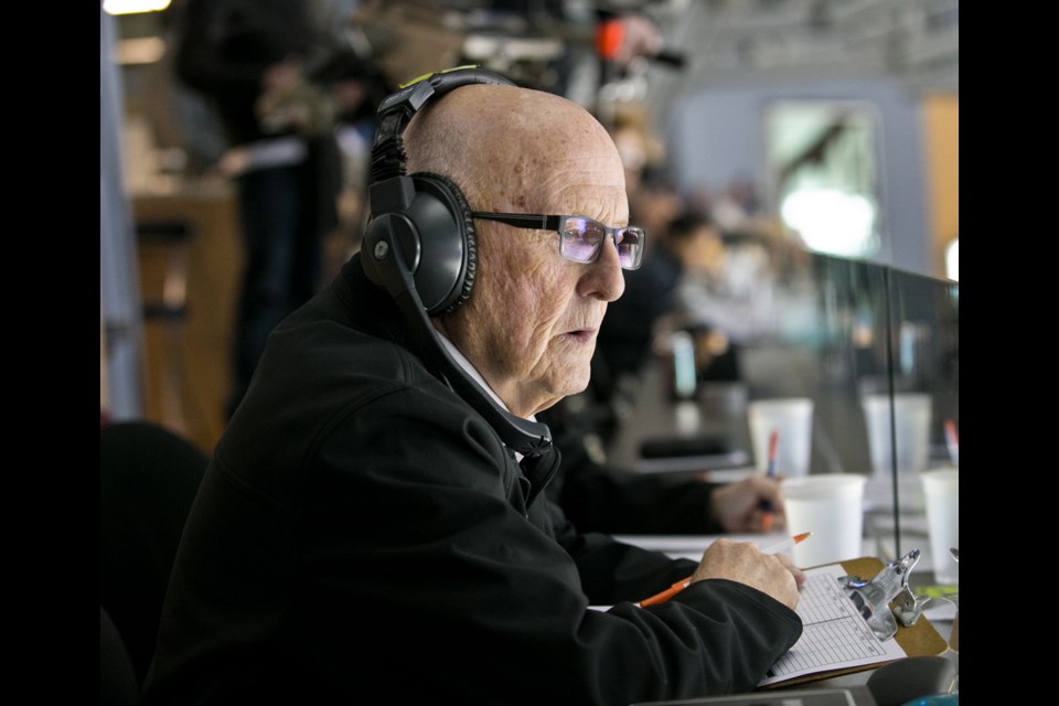 Bill Sanderson, the long-serving scorekeeper works the Victoria Royals-Everett Silvertips WHL game at the Save-on-Foods Memorial Centre in Victoria on Saturday, March 19, 2016.