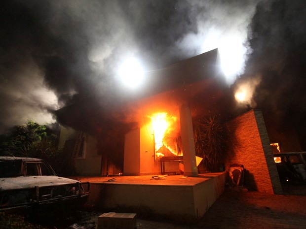 The U.S. consulate in Benghazi burns after being attacked by a mob. The U.S. ambassador to Libya was killed in the attack.