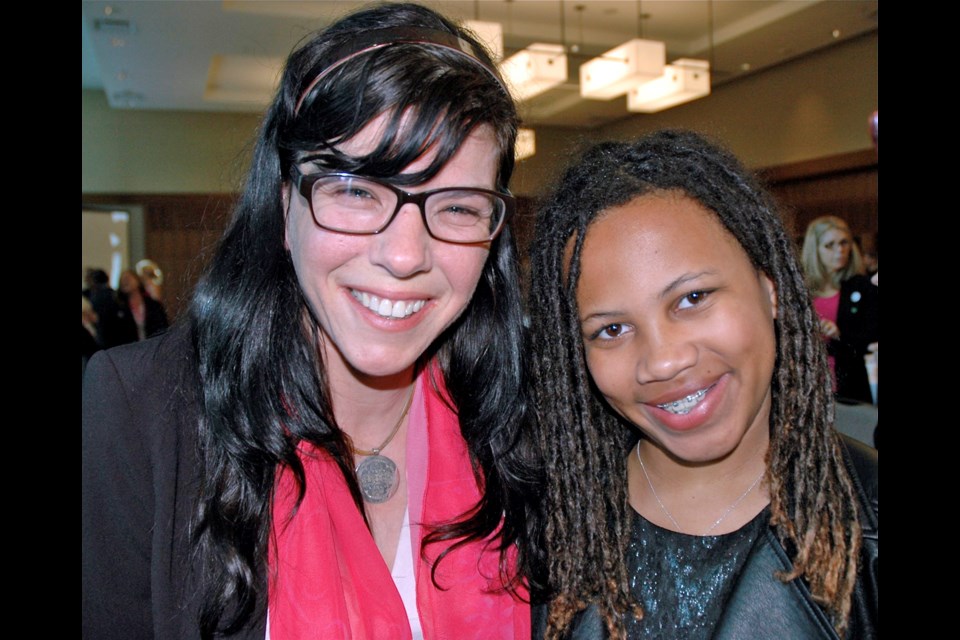 City councillor Andrea Reimer, mother of a transgender teen, and Tru Wilson, a 13-year-old transgender girl, attended the Out in School’s International Day of Pink breakfast benefit.