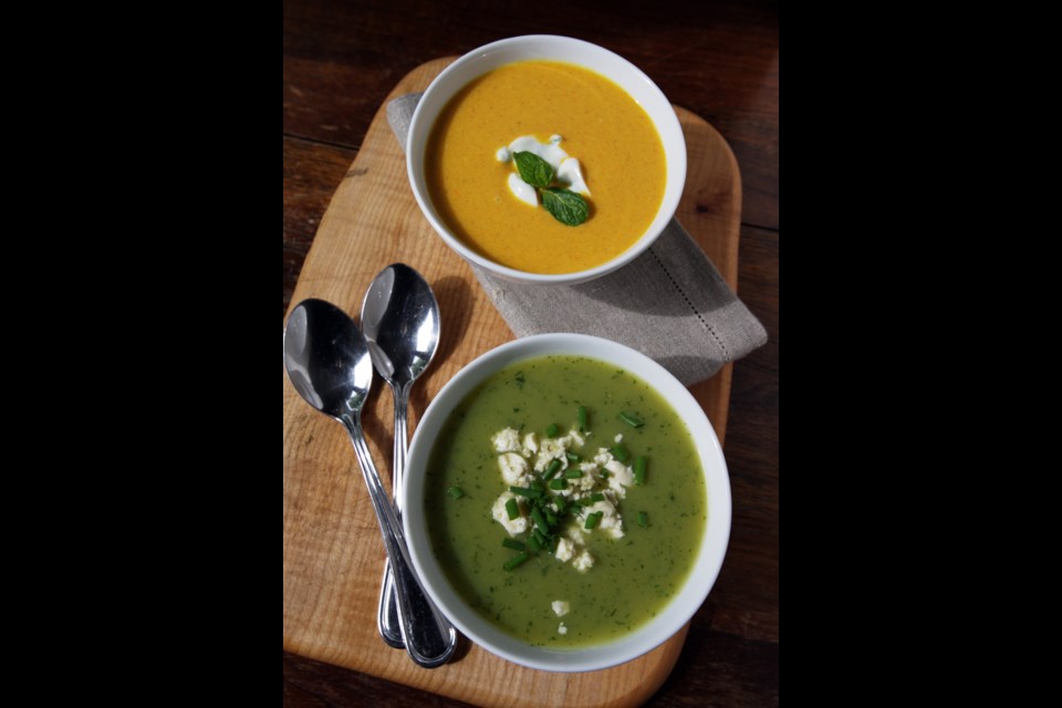 Colourful carrot soup, and asparagus and leek soup, both of which are easy to make. Put ingredients in a pot, simmer and then puree.