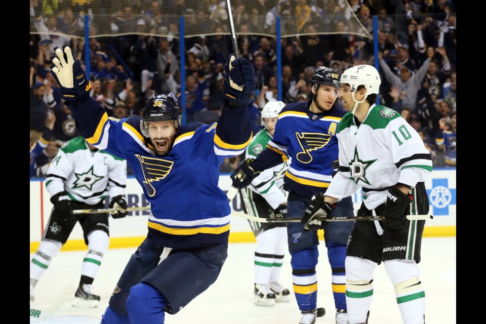 Blues forward Troy Brouwer celebrates setting up a goal by teammate Alexander Steen during Game 3 on Tuesday. CHRIS LEE, ST. LOUIS POST-DISPATCH