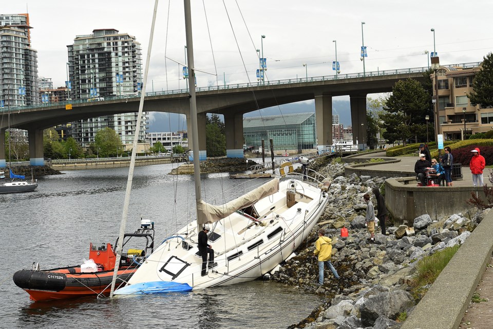 A sailboat ran aground in False Creek, May 4. photo Dan Toulgoet