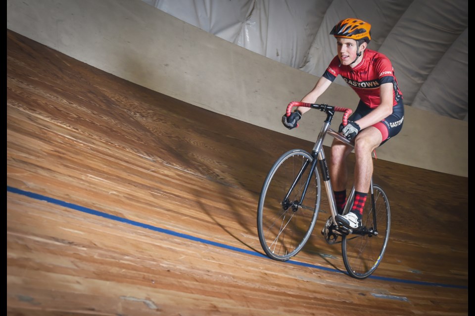 Domenik Adamoski rode the boards at the Burnaby Velodrome during the weekend’s annual open house where people are welcome to test out the track for free with a coach. Adamoski, a club member, and brought his father Robert Adamoski to try the sport. Photograph by: Rebecca Blissett