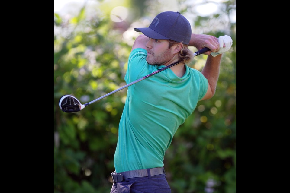 Leader Adam Cornelson of Langley hits off the 11th tee at Uplands Golf Club on Saturday during the Bayview Place Island Savings Open presented by the saʴý. The fourth and final round starts at 7:24 a.m. Sunday.