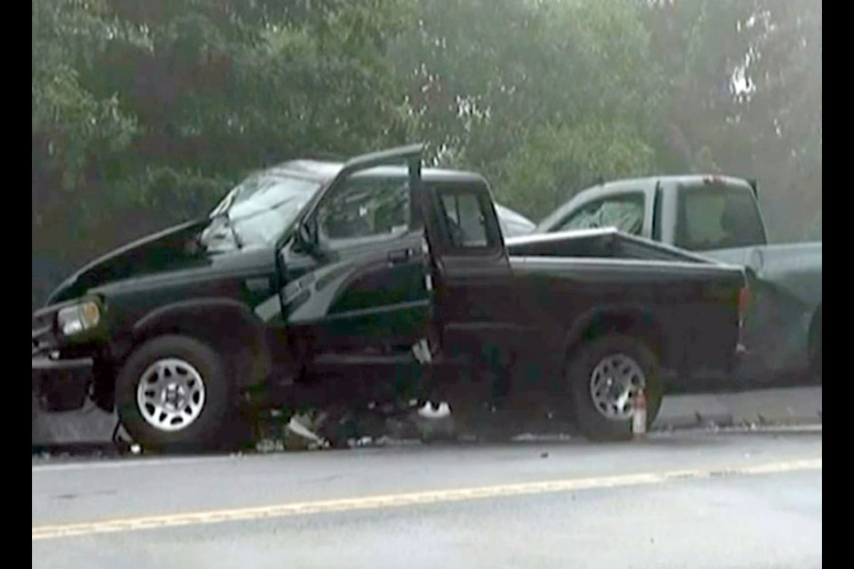 The Malahat Drive was closed in both directions from the summit to the Bamberton exit this morning because of a two-vehicle crash. Photo by CHEK News