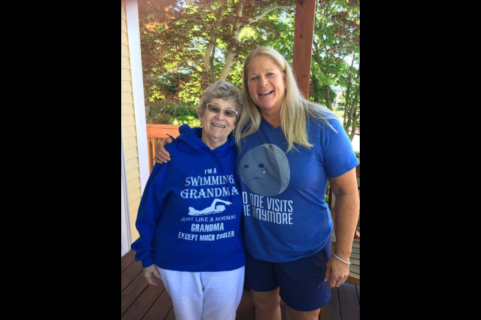 Long-distance swimmer Marilyn Bell, now 78, with daughter Jodi DiLascio, who visited Victoria this week to see landmarks from her mother's early life.