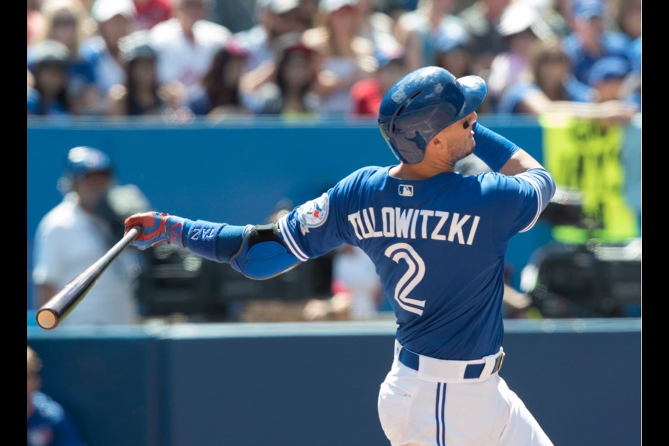 Toronto Blue Jays' Troy Tulowitzki hits a three-run home run against the Cleveland Indians during sixth inning American League MLB baseball action in Toronto on Sunday.