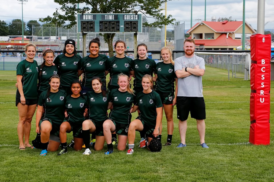 It was a well-earned fifth place finish for a pair of Richmond rugby players at the BC Summer Games who suited up for the Vancouver-Coastal side. Valerie Wideski (fourth from left, back row) and Kaitlyn Agda (second from left, front row) helped their team to a record of three wins and two losses, defeating Cariboo-North East 27-5 in their final game of the tournament. Both Agda (four tries) and Wideski (five tries and two converts) finished in the tournament’s top-10 in scoring. Photo submitted