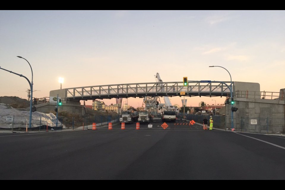 New pedestrian bridge over Esquimalt Road, on the approach to new Johnson Street Bridge, which is still under construction. Aug. 19, 2016