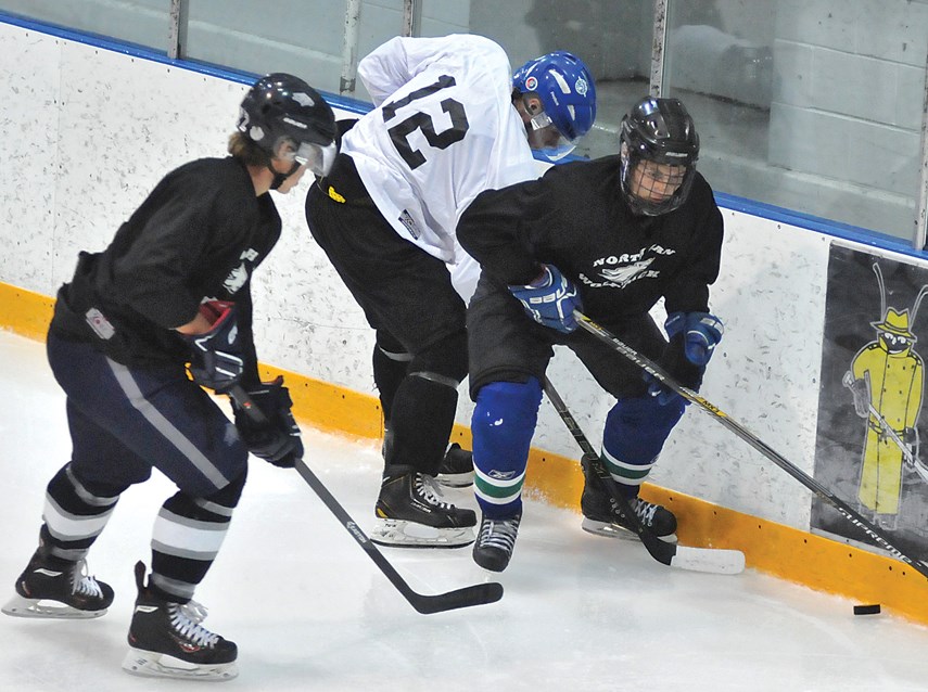 North Van Wolf Pack players mix it up during a team scrimmage ahead of this week’s regular season opener. photo by Paul McGrath, North Shore News