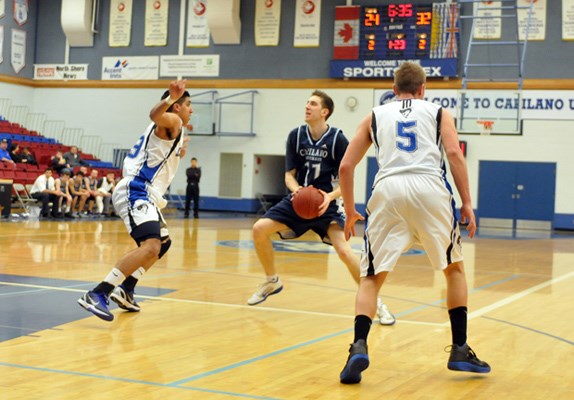 Capilano guard Lukas Wera looks for an opening in the Camosun defense.