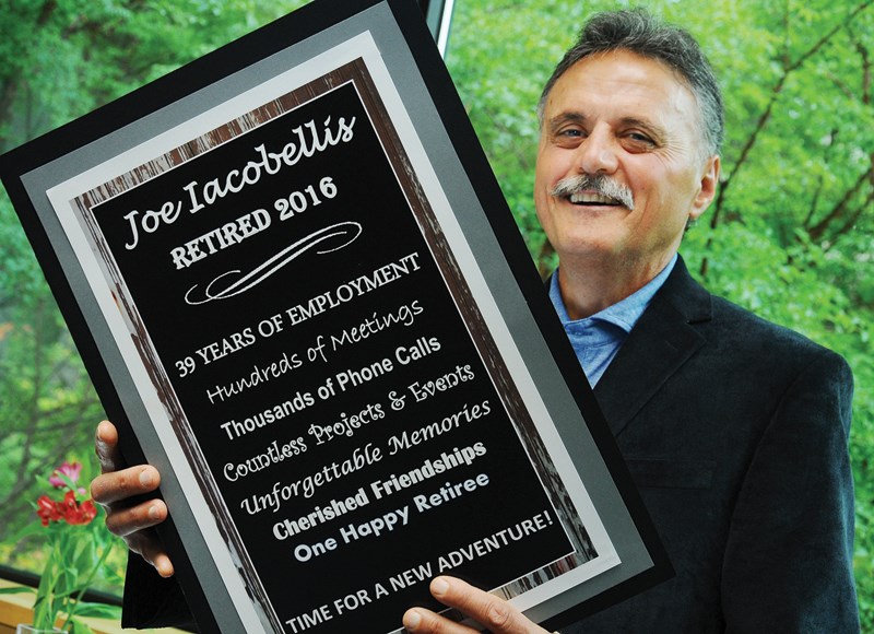 The over-sized career of Capilano University's longtime athletic director Joe Iacobellis is celebrated with over-sized sentiments at a retirement reception held recently at the North Vancouver campus. photo by Cindy Goodman, North Shore News