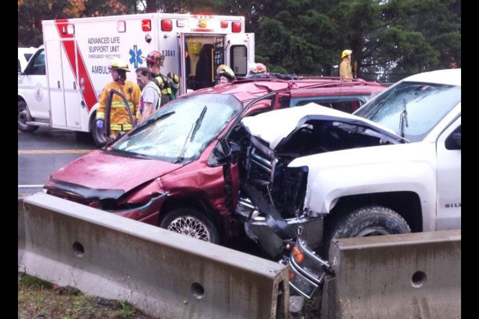 Two vehicles crashed on the Malahat near McCurdy Drive during rush hour on Thursday afternoon. Oct. 27, 2016.