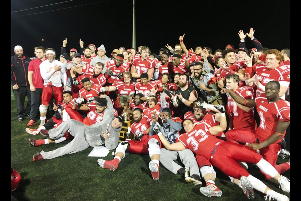 The Westshore Rebels celebrate their 32-21 BCFC Cullen Cup championship win over the Okanagan Sun.