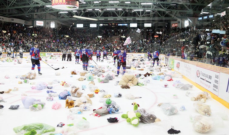 The teddy bears fly during the annual Teddy Bear Toss night after Josh Curtis scored for the Prince George Cougars on Saturday at CN Centre. Citizen Photo by James Doyle December 10,2016
