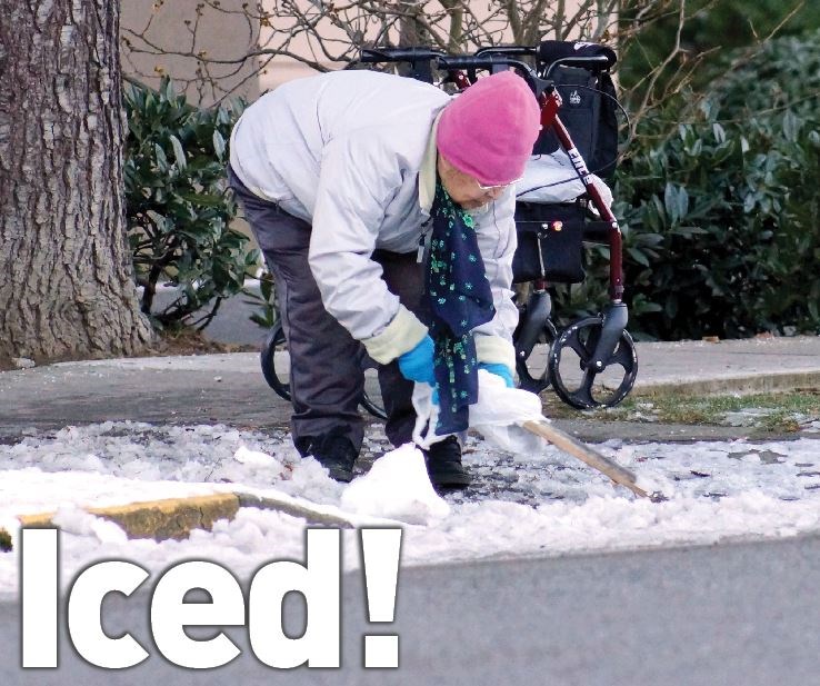 A woman, 84, was offered help crossing the street, but chose to stay and clear the ramp for others. Photo by Graeme Wood/Richmond News