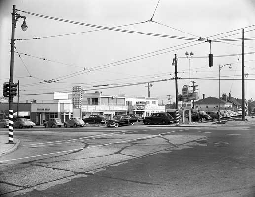 The view from the southwest corner of King Edward and Cambie Street, September 1952.