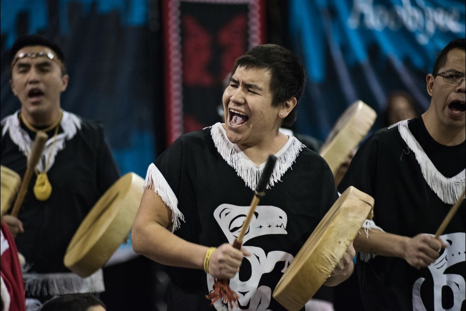 Gidahmes dancers shared their songs with the crowd at Hoobiyee festival at the PNE Forum Friday and Saturday. February marks the beginning of the Nisga’a First Nation’s new year, and for the 15th year, the Nisga’a of Ts’amiks hosted a celebration for groups around the province. Photo Rebecca Blissett