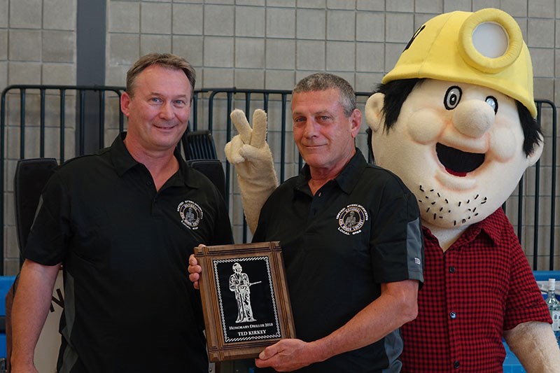 United Steelworkers Local 6166 president Warren Luky, 2018 Honorary Driller Ted Kirkey and Li'l Nick