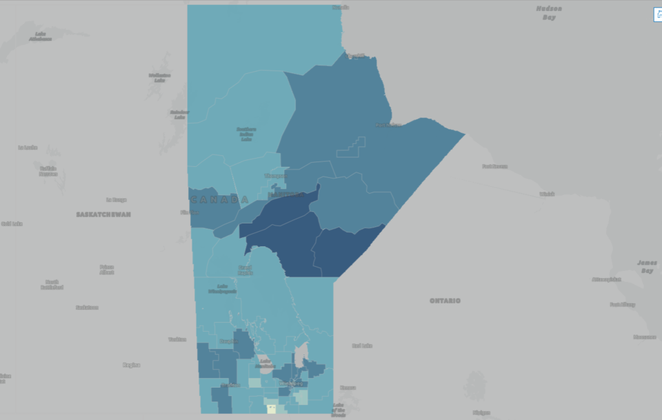 A provincial government map of health districts shows the percentage of residents aged 18 and up wh