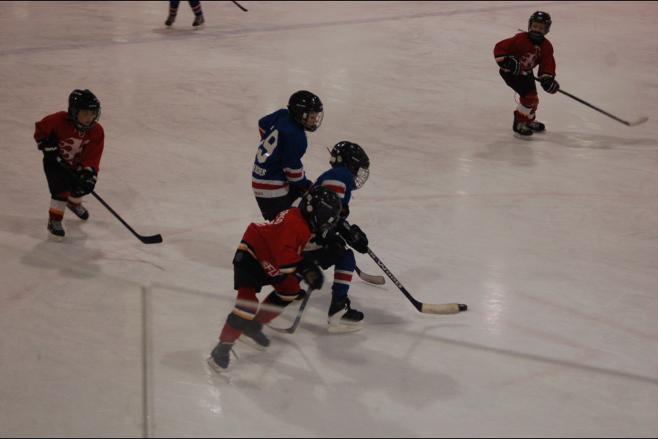 Hudsyn Nelson, left, and Parker Ryczak defended the goal during the Preeceville novice hockey team’s last game of the season on March 13 against the Kamsack Flyers.