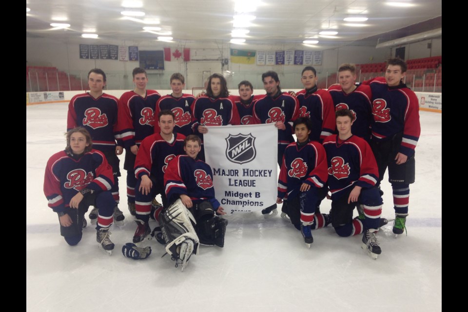 The Preeceville Pats midget hockey team won the B-side banner in the Minor Hockey League on March 19 in Grenfell. From left, were: (back row) Hunter Shankowsky, Elijah Hort, Dawson Paul, Zac McGriskin, Taryn Broda, Kole Statchuk, Noah Watson, Peyton Shewchuk and Connor Nagy and (front) Curtis McGriskin, Bo Babiuk, Coleman Metherell, Sean Paligan and Jalen Bayer.