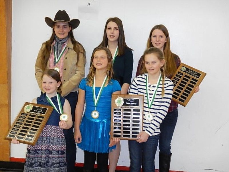 Winners of the district 4-H public speaking competition held in Canora last week, from left, were: (back row) Fayth Stolzfus, first senior category; Caitlyn Fox, second intermediate; Jessa Fox, first, intermediate, and (front) Paisley Wolkowski, first Cloverbuds; Ashlyn Olson, second, junior, and Jessee Kopelchuk, first, junior. Sydney Kolosk, who placed second in the Cloverbuds, was not available for the photo.