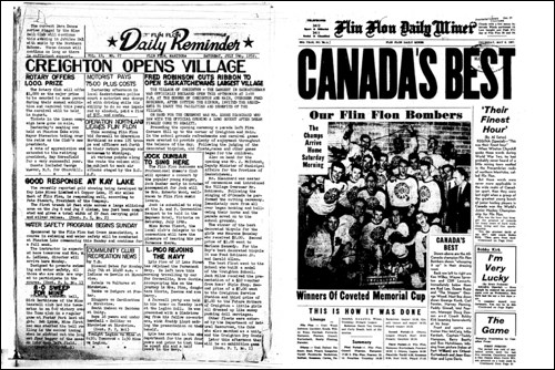 The front pages of the July 5, 1952 Daily Reminder and the May 9, 1957 Flin Flon Daily Miner.