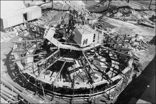 Construction of the HBM&S smoke stack in May 1973. The stack was finished in 1974.