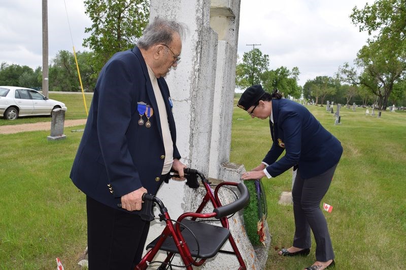 When Decoration Day was observed on June 11, Gina Rakochy, president of the Canora branch of the Royal Canadian Legion No. 52, laid a wreath at the cenotaph in the veterans’ section of the Canora Cemetery, accompanied by Paul Fransishyn, veteran.