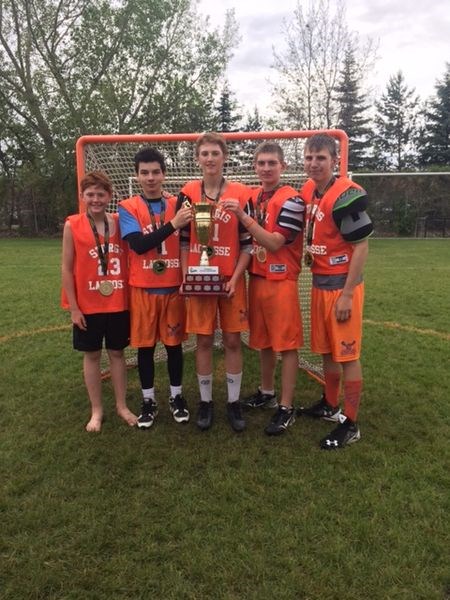 From left, Canora players on Sturgis Trojans U-16 lacrosse provincial championship team included: Thomas Hauber, Durban Hleboff, William Hauber, Jessie Biletski, and Jacob Danyluk.