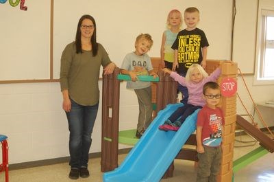 Members of the Sturgis Nursery School four-year-old class which began their school years on September 20, from left, are: Erin Gregory (teacher), Jeremiah Galay, Maycee Johnson, Oliver Anaka, Jane Palaniuk and Austin Jansen. Unavailable for the picture was Hope Omelchuk.