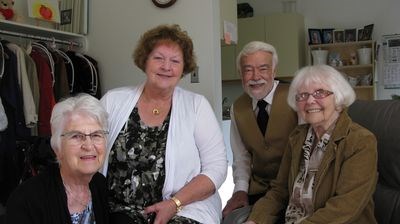 While making their official visit to Kamsack on September 8, Colleen Hozack (centre left) of Lloydminster, the Worthy Grand Matron, and Bruce Farrer of Qu’Appelle, the Worthy Grant Patron of the Eastern Star, visited with Shirley Moore, right, at Eaglestone Lodge. With them is Marjorie Orr, the secretary and Grand Adah for the Hiawatha chapter in Kamsack.