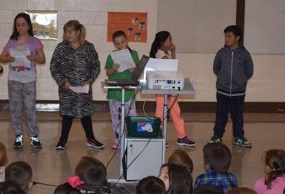 Among the Grade 4 students, who spoke at the fire safety assembly at the Victoria School on Friday, from left, were: Mikayla Becenko, Keeligh Farrell, Bailee Chernoff, Nina Baylon and James Ajias.