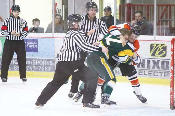 Things got aggressive between the Terriers and the Broncos at the F.A.A, as forward Quinton Hobbs and Conner Lukan shed the gloves in the second period.