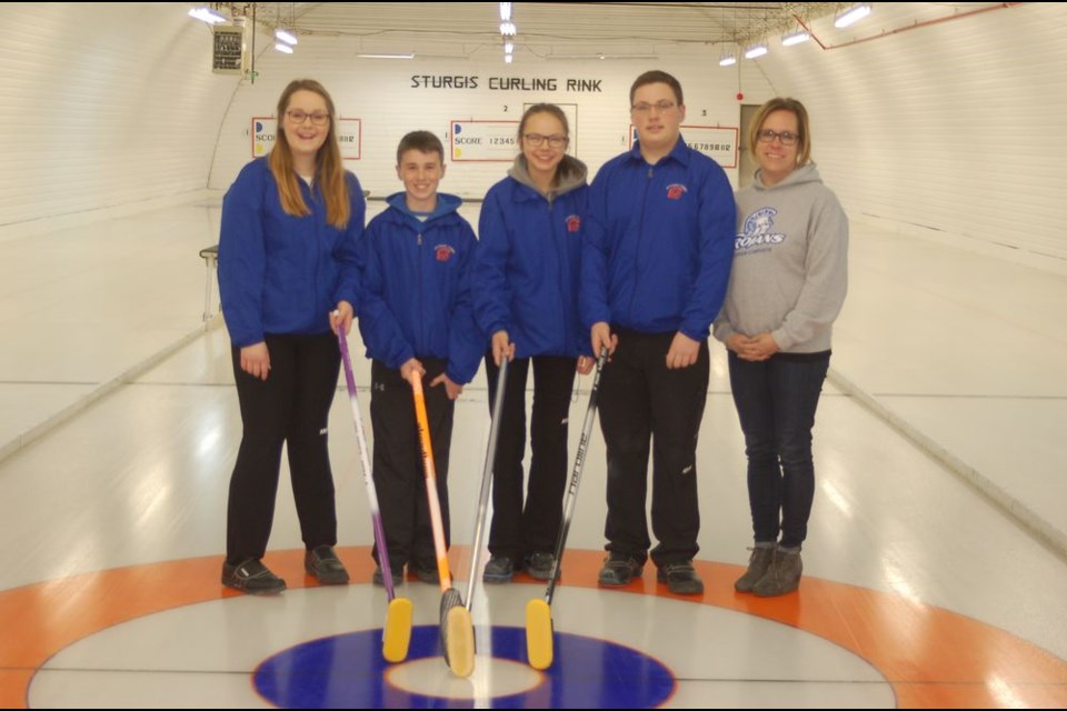 The Sturgis Composite School mixed junior curling team won gold at the East Central District Athletic Association district competition held in Sturgis on February 9 and 10. From left, were: Kylie Babiuk, Camron Secundiak, Brynn Babiuk, Shae Peterson and Kirsten Peterson (coach).