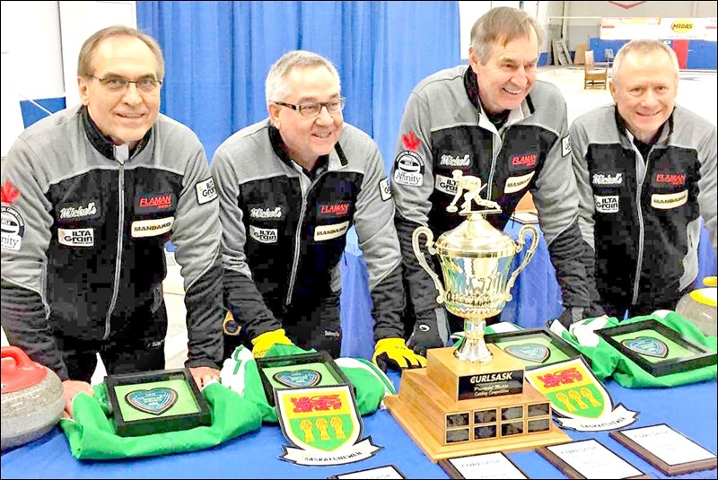 Daryl Eddingfield, UCC member, part of Team Eugene Hritzuk who won the Master’s Men’s Provincial curling championship sending them to Nationals in White Rock BC starting April 1. This is a repeat title for Daryl as he was also part of the winning squad in 2017. Left to right are team members skip Eugene Hritzuk, third Colin Coben, secind Verne Anderson and lead Daryl Eddingfield. Photos submitted by Sherri Solomko