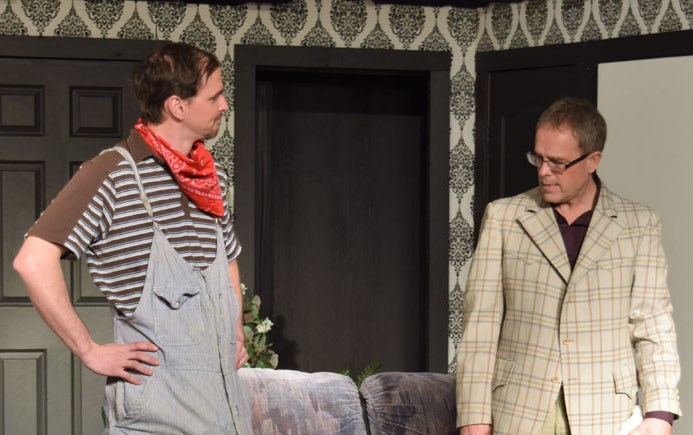 Two of the team from Alida's Act One productions - Wes Smith and Tim Cowan - face off during the funny farce that is this year's performance of playwright Roger Karshner's 'Clothes Encounters.'