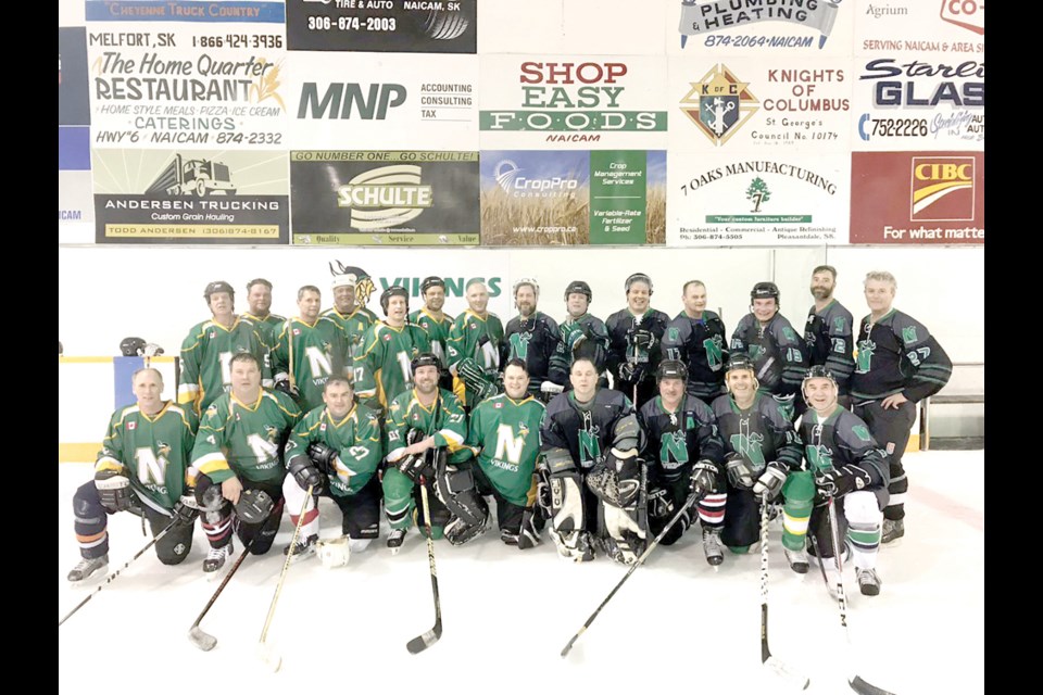 Former members of the Naicam Vikings Senior Hockey Team came together for the first senior alumni game in recent history. Twenty-three former teammates squared off against each other with Team Green winning over Team Black, 8-7. Pictured (L to R) Back row: Mark Brataschuk, Garett Anholt, Wally Garchinski, Les Crozon, Kurt Leicht, Sheldon Leicht, Chris Beaudry, Joe Berthold, Kris Woolsey, Kevin Cropper, Troy Leicht, Al Crozon, Steve Guttormson, Ivan Cross Front Row: Trent Rae, Scott Thomas, Darcy Missler, Mike Weseen, Jeff Talloden, Cory Lengyel, Gary Crozon, Derek Patterson, Grant Crozon.