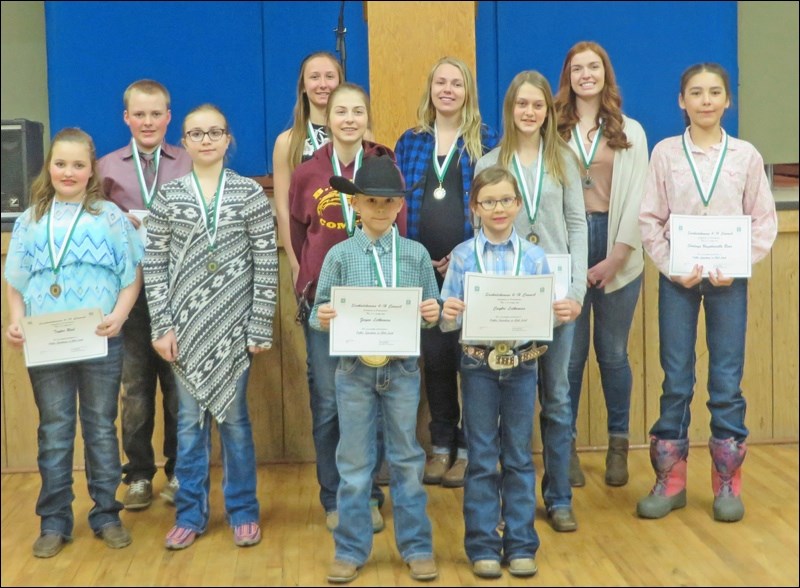 4-H members who placed first, second and third in four age categories at a public speaking competition hosted by the Sask Valley Dairy Club March 13.