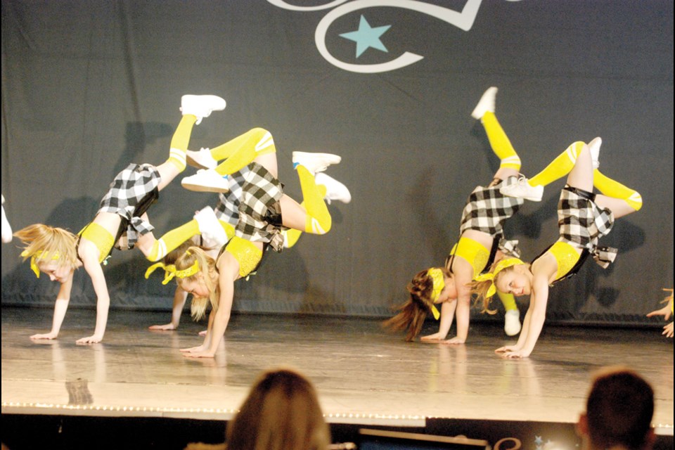 The OnStage Dance Festival saw over 800 dancers grace the Canadell Stage at Jubilee Hall. Twenty dance companies from across the province came to compete, including Humboldt’s own, A-List Dance and Acrobatics and Impact Dance Company. Pictured: Impact’s Hip Hop Large Group Age 7-8 (right) gave it their all during OnStage Dance Festival sessions on April 21. photo by Becky Zimmer