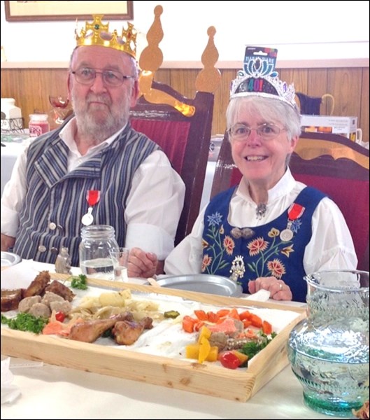 An example of the way the food was served at the Sons of Norway 40th anniversary Viking feast May 6 at the Meota’s Do Drop In. In the photo are King Hardrada and Queen Tora (Russell and Alysson Wiggs) of Calgary. Photos submitted by Lorna Pearson