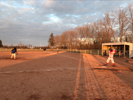 Brodie Lamb (Merchants) pictured batting against “Ozzy” (Da Boyz) May 11 in Foam Lake.