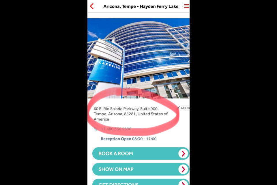 The Regus app allows you to rent virtual office space at your leisure. This is the image it presents of 60 East Rio Salado Parkway, Suite 900 Tempe, Arizona, which was the head office of Quantum Energy, Inc. at the time the company was holding meetings throughout southeast Saskatchewan in early 2017.