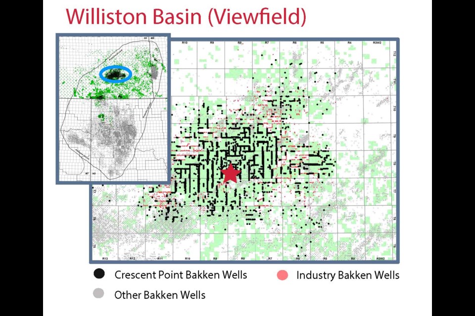 The graphic, from Crescent Point’s May 2017 technical presentation, shows the rough location of the proposed Stoughton refinery, as indicated by the star.