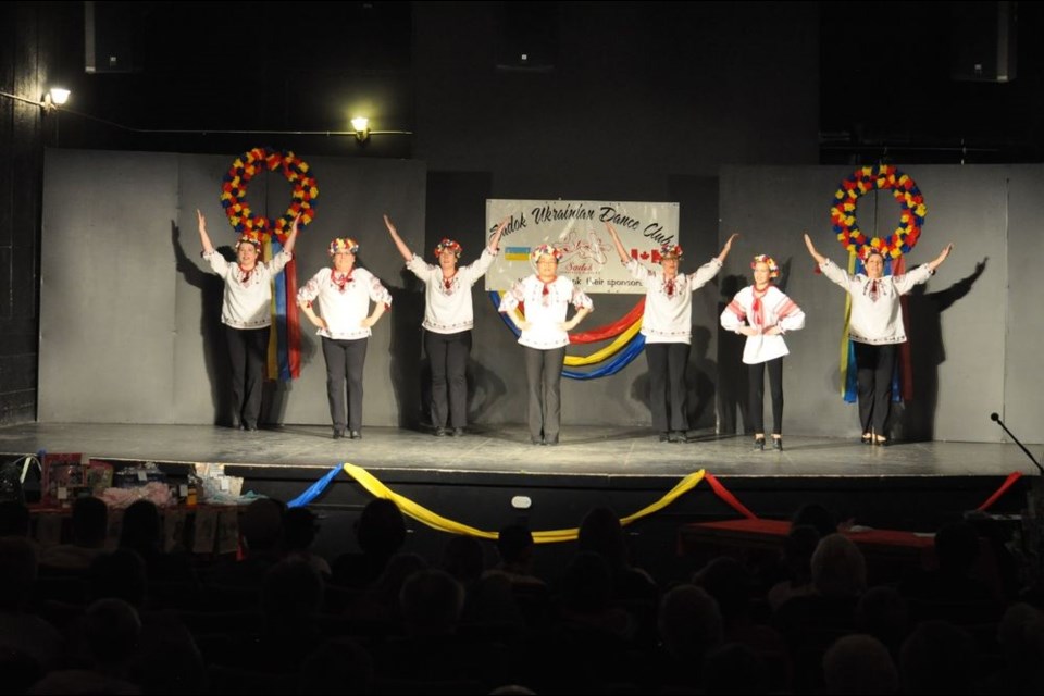 The adult group which performed a Poltava regional dance from left, were: AnnaLee Parnetta, Brenda Wyllychuk, Dawn Krawetz, Shelly Lin, Kerry Pfeifer, Haven Krawetz and Laura Remezoff.