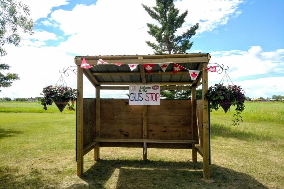 Prior to the July 1 Gus Wolos Memorial Golf Tournament, the “Gus Stop” shelter was constructed between the hole No. 6 green and the tee of Hole No. 7.