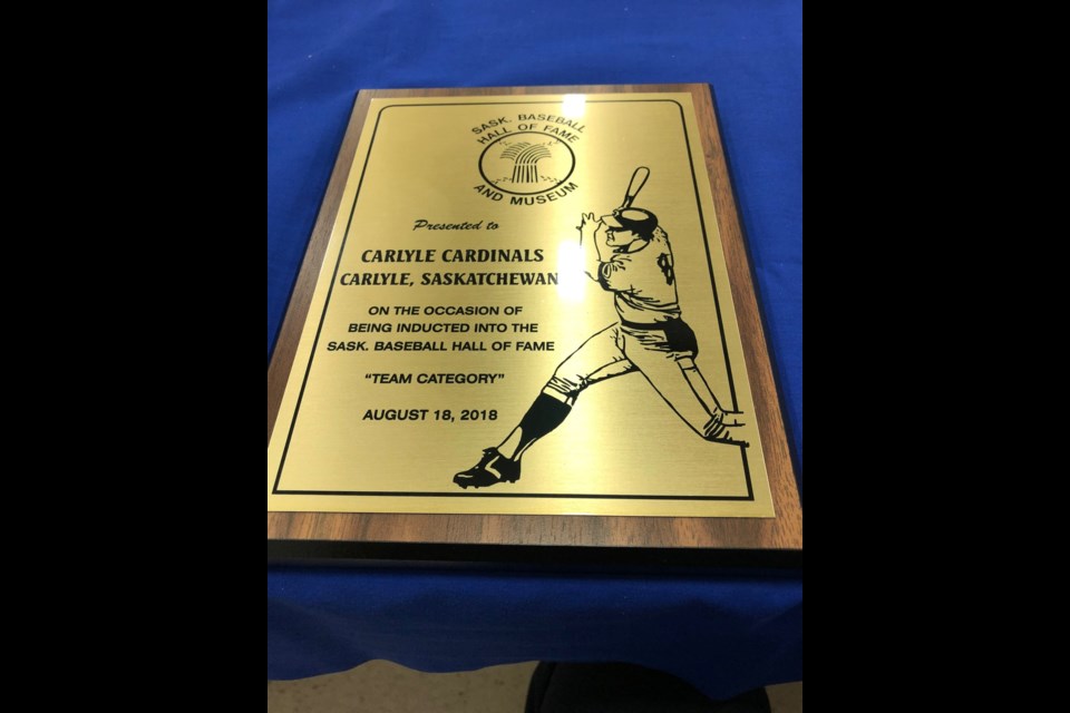 The new plaque featuring the Carlyle Cardinals that now hangs on the wall in the Saskatchewan Hall of Fame