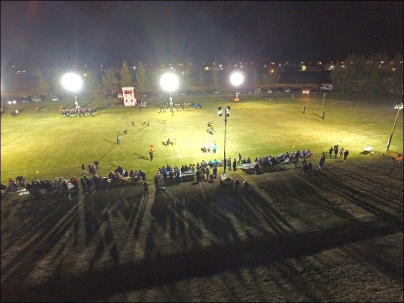 The Town of Unity serves as backdrop for the football field as the home town UCHS Warriors held two night lights game this season and the photo opportunity from an overhead drone resulted in some intriguing photos of the event. Photos by James Alexander