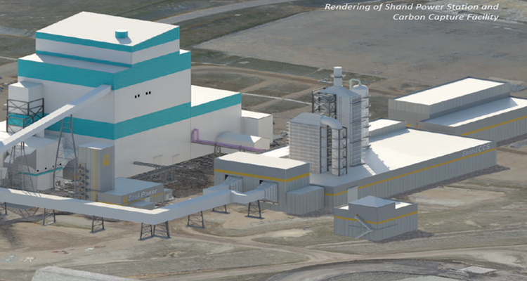 This is a rendering of what a carbon capture plant, on the right, would look like at the Shand Power Station.